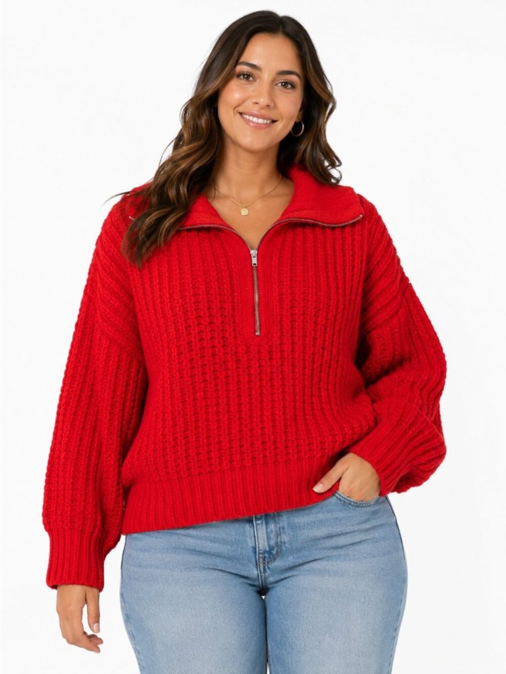 Aerie Red Chunky Knit Quarter Zip Sweater Women's L